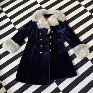Elegant Navy Blue Faux Fur Trimmed Coat